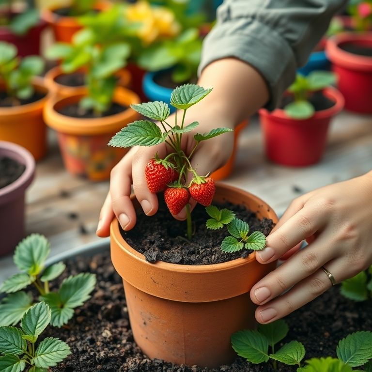 Mãos plantando muda de morango em vaso de terracota.