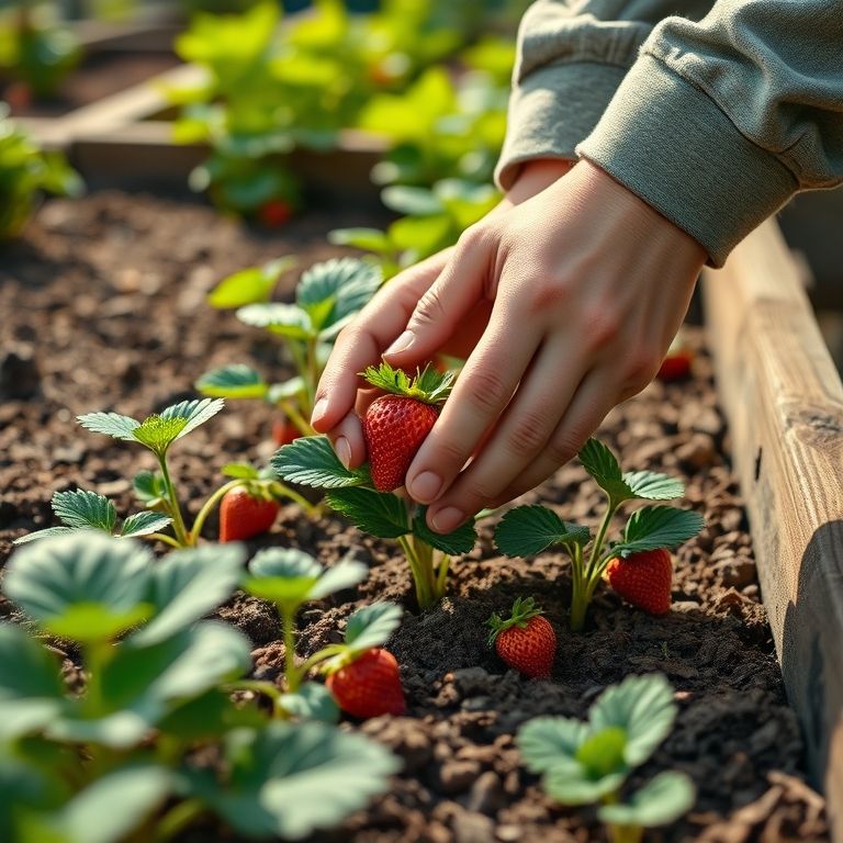 Mãos plantando mudas de morango em um canteiro elevado.