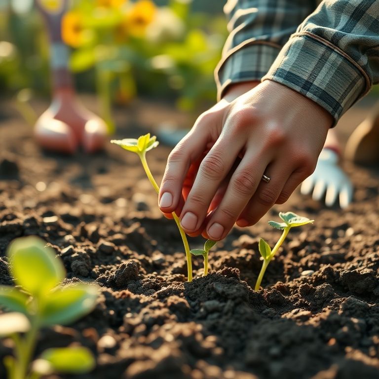 Mãos plantando sementes de girassol em solo fértil na primavera, sob luz matinal.