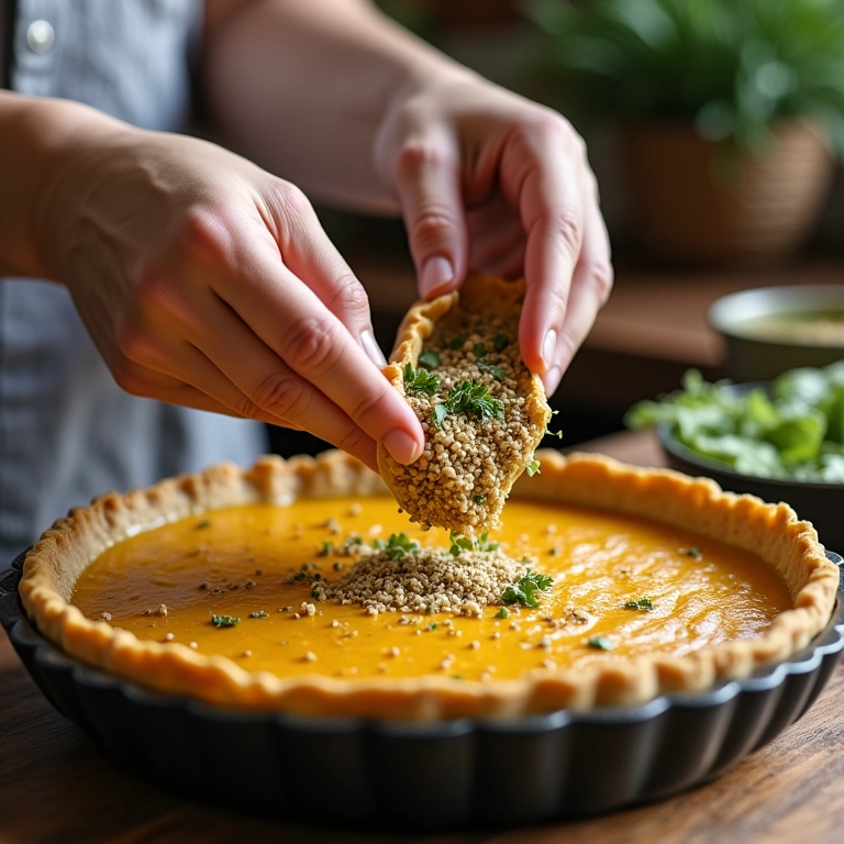 Mãos preparando a massa da torta de quinoa em uma cozinha iluminada.