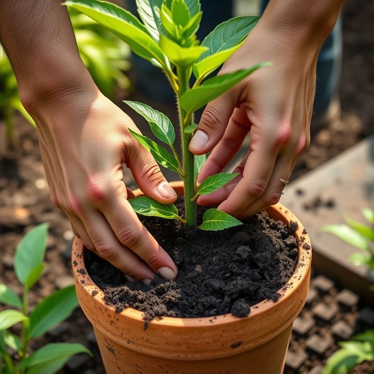 Mãos preparando o substrato ideal para o plantio da muda de manga.