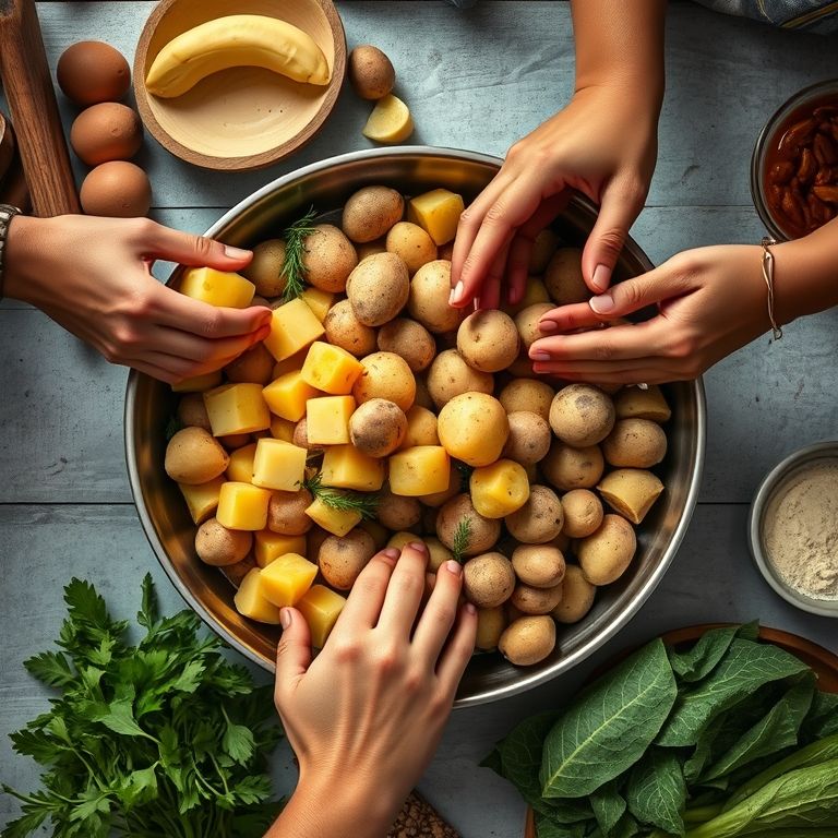 Mãos preparando refeição colorida com diferentes tipos de batata em cozinha estilo Farm Rio.