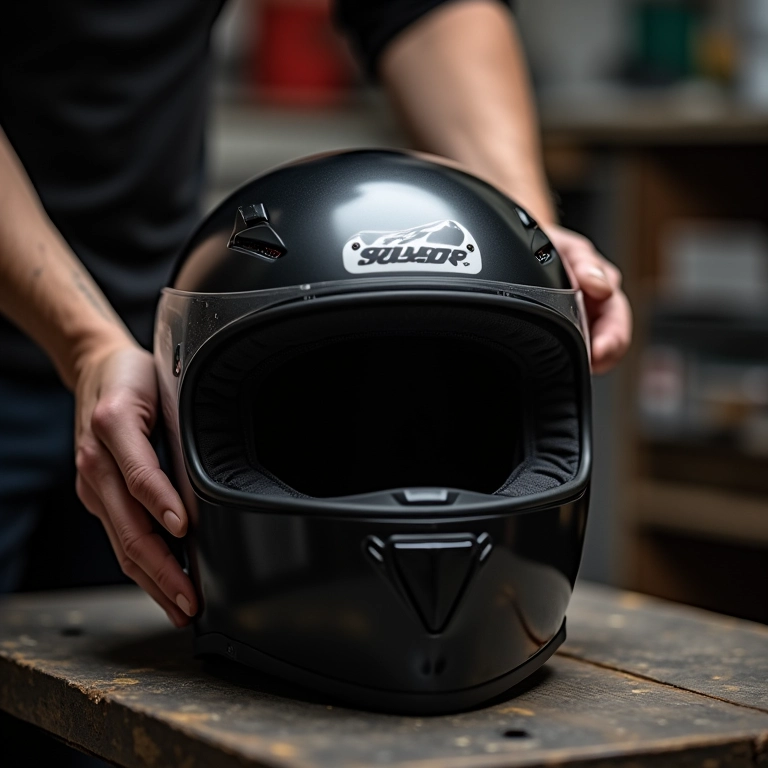 Mãos removendo o forro de um capacete de moto.