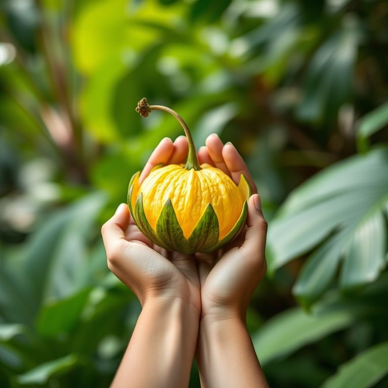Mãos segurando uma graviola recém-colhida em um jardim tropical.
