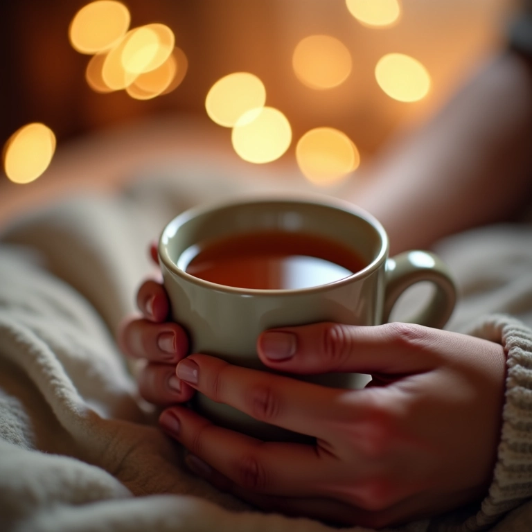 Mãos segurando xícara de chá de alcaçuz em quarto aconchegante.