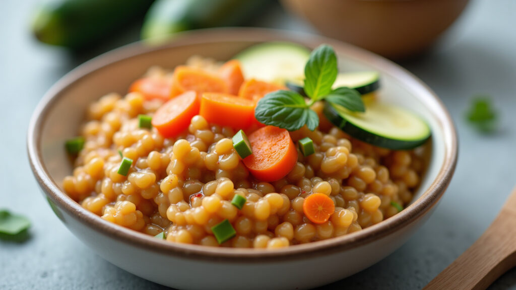 Mashed lentils with carrots and zucchini for baby food, natural light, 8k, professional Lentilha amassada para bebê.