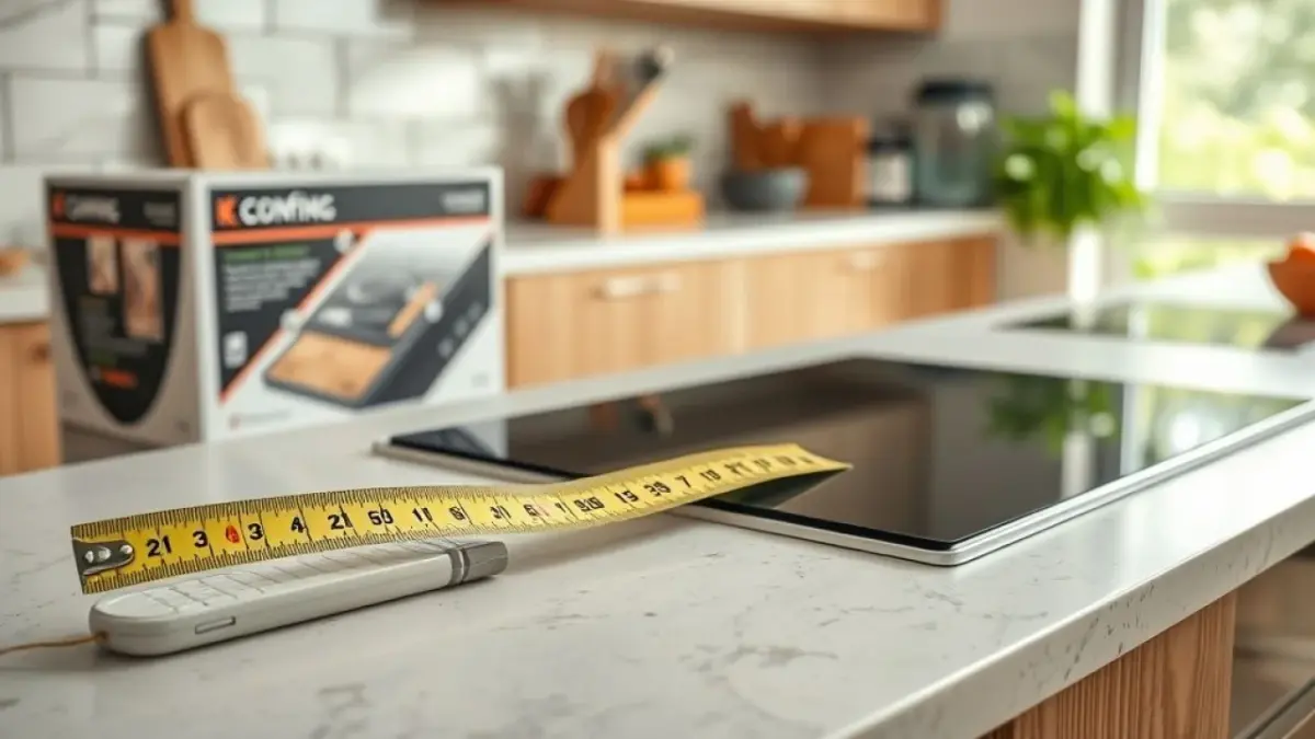 Fita métrica medindo bancada da cozinha ao lado da caixa do cooktop.