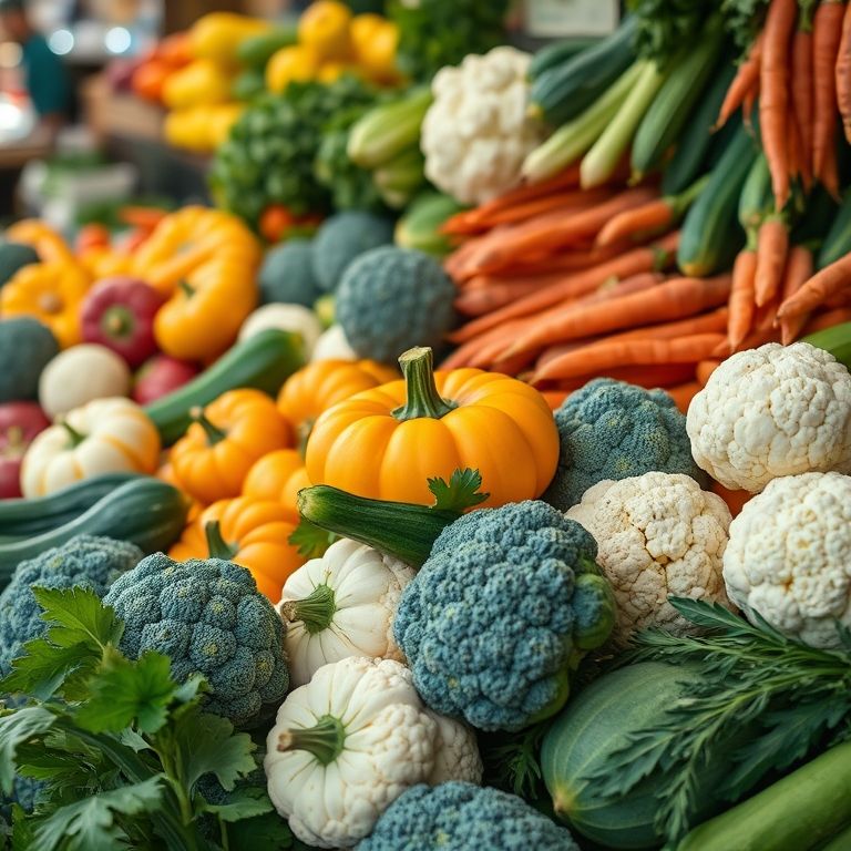 Mercado vibrante com legumes coloridos, incluindo abóbora, brócolis, couve-flor, abobrinha e cenoura.