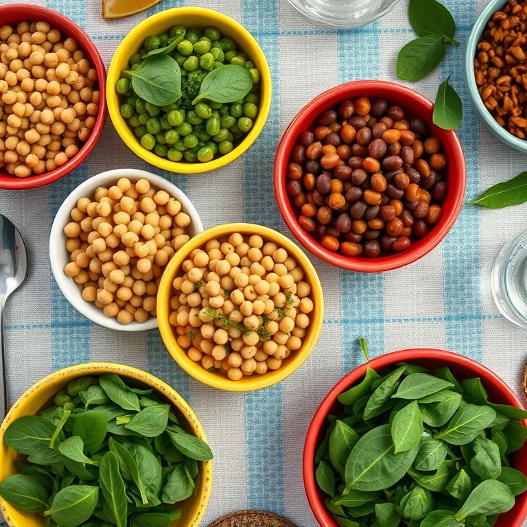 Mesa com legumes ricos em ferro para combater a anemia: feijão, lentilha, grão de bico e espinafre.