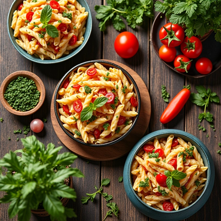 Mesa de almoço de verão com diversas saladas de macarrão coloridas.