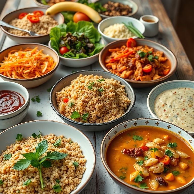 Mesa farta com diversas receitas saudáveis e deliciosas com quinoa.