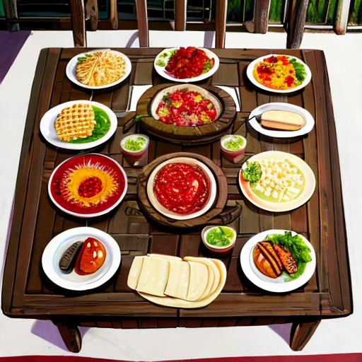 Mesa farta com diversos antepastos brasileiros, pães e torradas.