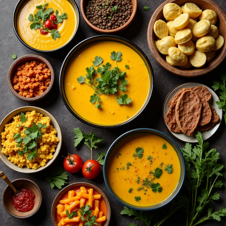 Mesa farta com pratos coloridos de batata baroa: purê, sopa, nhoque e escondidinho.