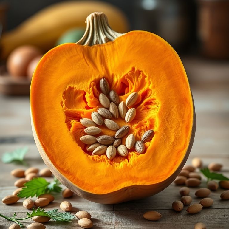 Metade de uma abóbora cabotiá mostrando sua polpa laranja e sementes.