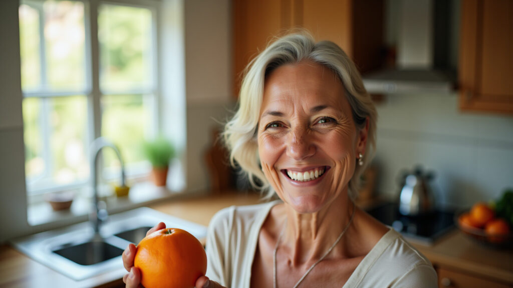 Mid-aged Brazilian woman smiling, holding an orange, sunlit kitchen, healthy lifestyle. Lifestyle Mulher sorrindo com laranja: beleza e saúde.