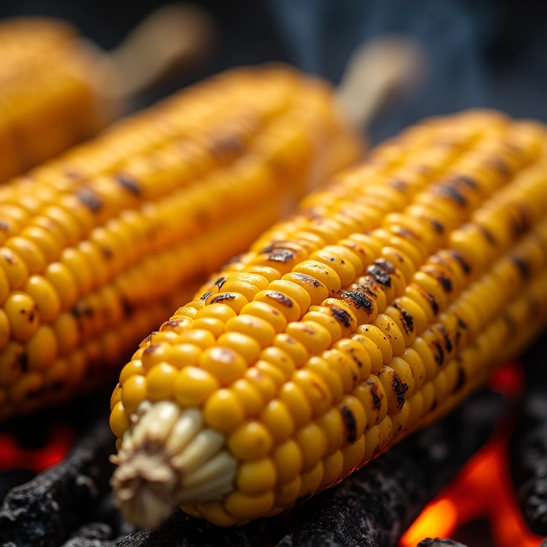 Milho na brasa sendo preparado, com marcas de grelhado e manteiga derretida.