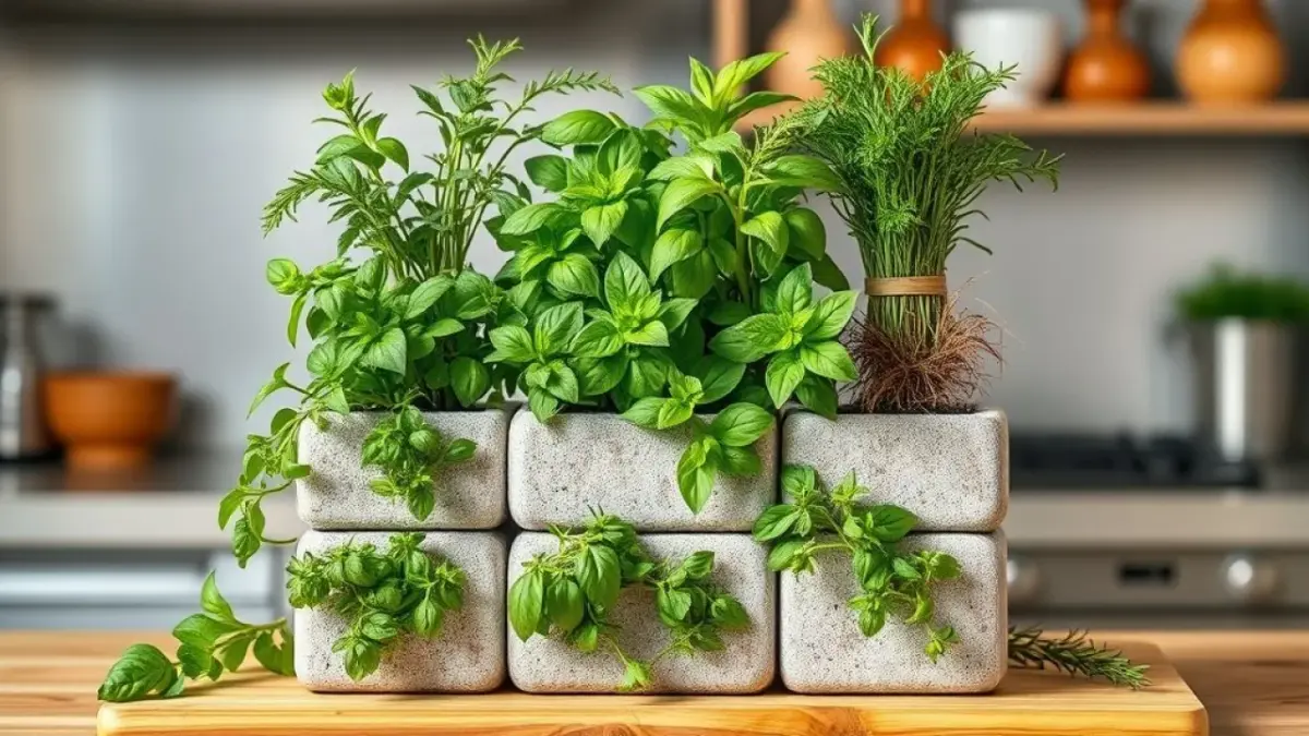 Mini vertical herb garden with concrete blocks, aromatic herbs like basil and rosemary, stainless Mini horta vertical com blocos de concreto. Manjericão e alecrim frescos na cozinha.