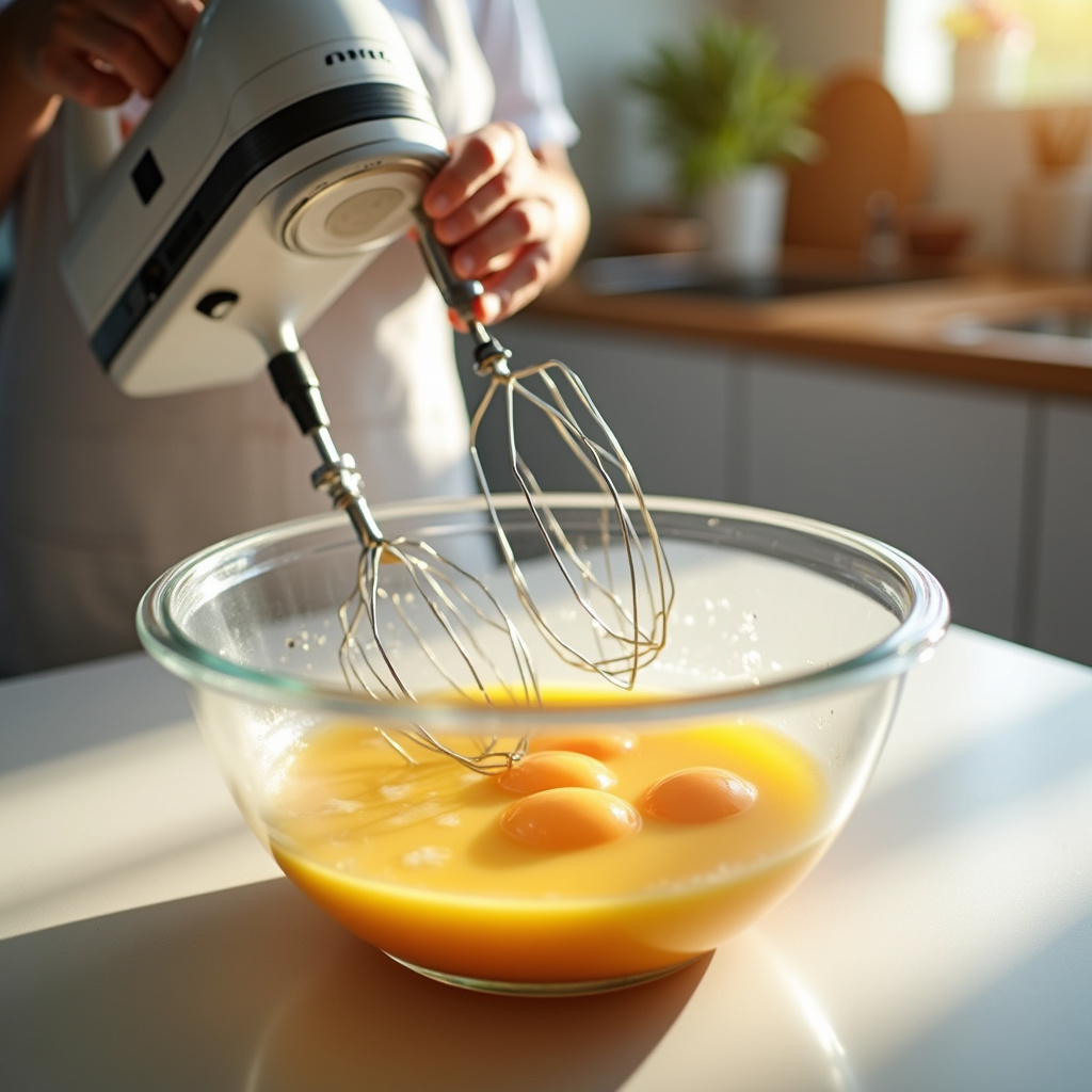 Mixing eggs and sugar in a bowl with a mixer, bright kitchen, natural light, Brazilian home, 8K O segredo para um bolo de laranja fofinho: ovos bem batidos.