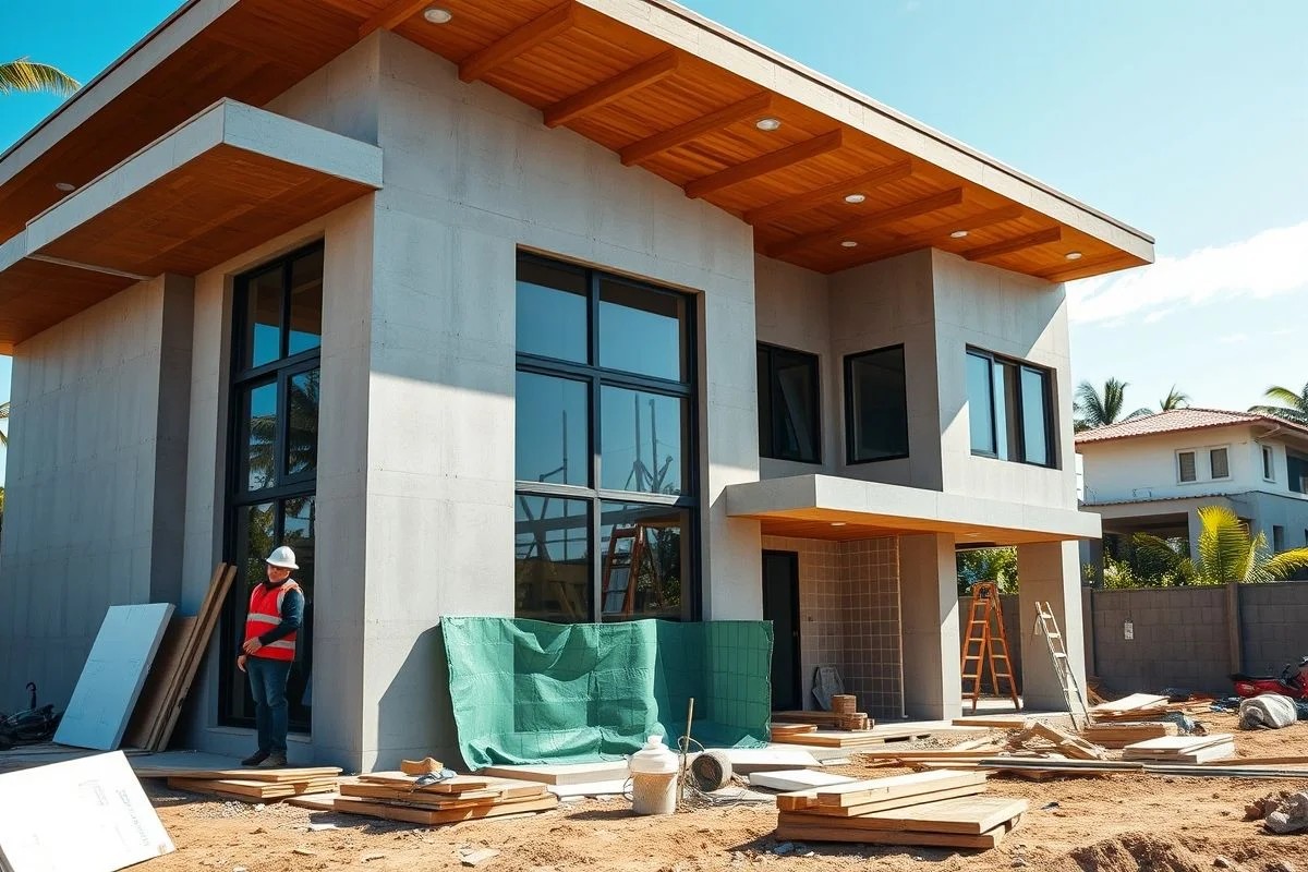 Casa brasileira moderna em construção, mostrando desafios de adaptação.