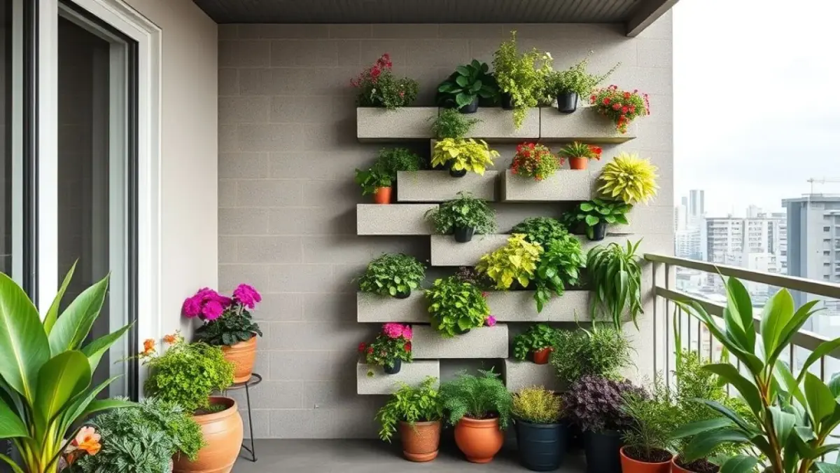 Modular vertical garden with stacked concrete blocks in a modern Brazilian balcony, colorful Jardim vertical modular com blocos de concreto em varanda brasileira. Flores e ervas coloridas.