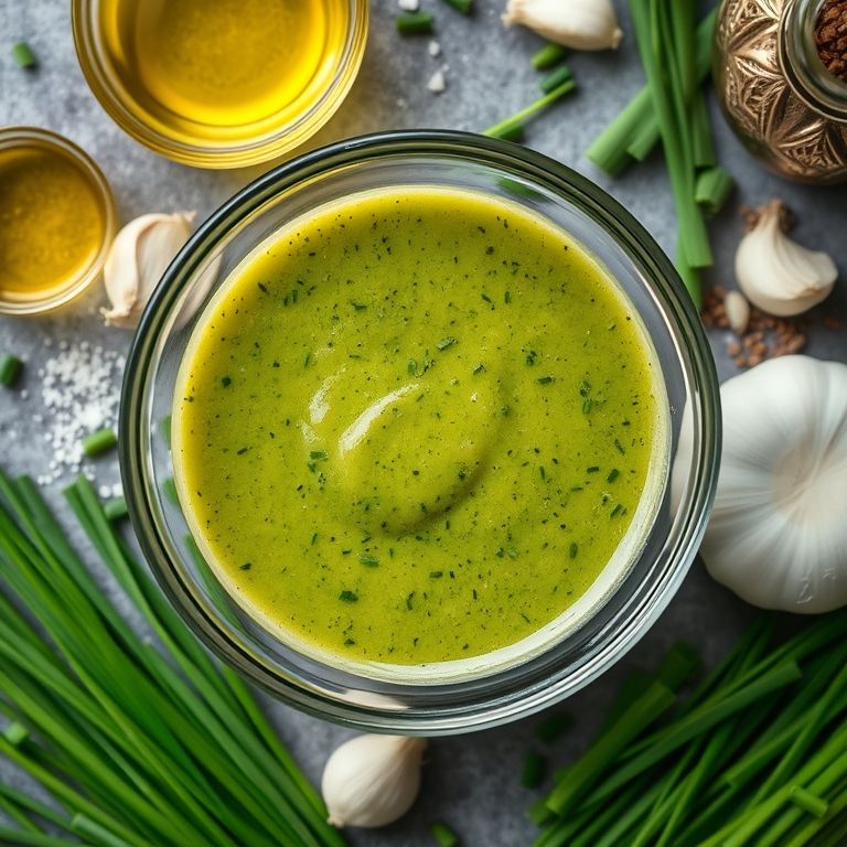 Molho de cebolinha fresco caseiro em tigela de vidro com ingredientes ao redor.