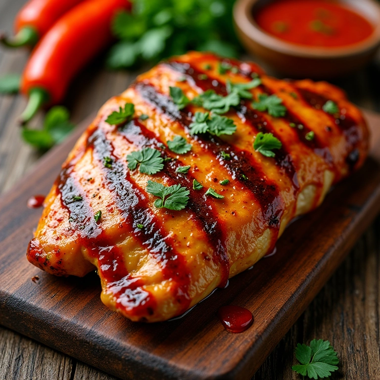 Molho doce com pimenta da Jamaica sendo servido sobre frango grelhado.