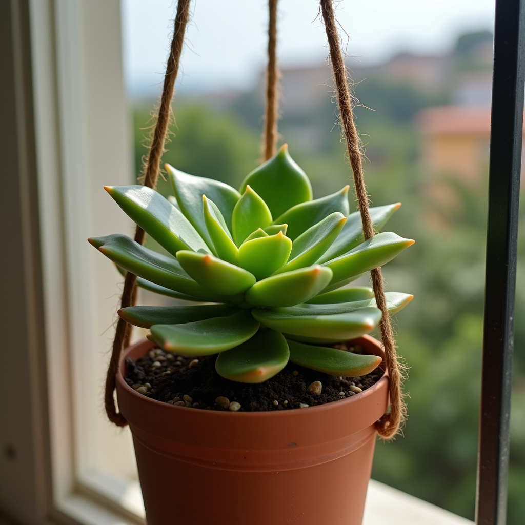 Money-in-penca succulent in a Brazilian balcony, hanging pot, professional photography, 8K quality, Dinheiro-em-penca multiplicando a fortuna em varanda brasileira.
