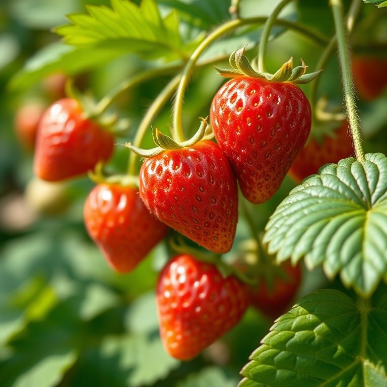 Morangos vermelhos maduros crescendo em um jardim caseiro exuberante.