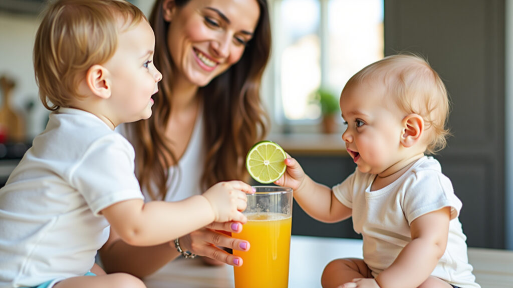 Mother offering lime orange juice to baby, natural lighting, kitchen setting, lifestyle Mãe oferecendo suco de laranja lima para bebê.