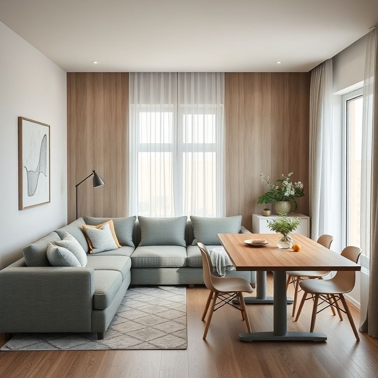 Móveis multifuncionais: sofá-cama e mesa de jantar extensível em uma sala integrada.