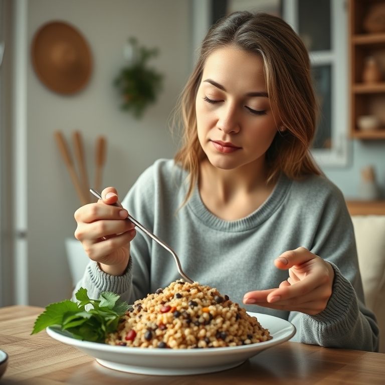 Mulher analisando porção de quinoa em prato com refeição balanceada.