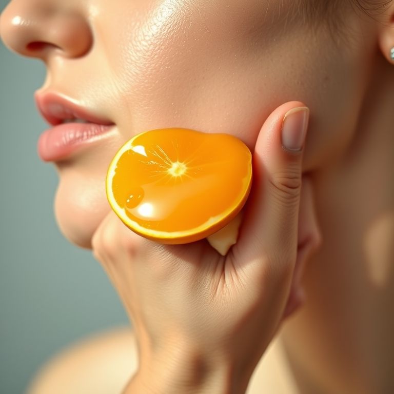 Mulher aplicando hidratante com laranja na pele, pele saudável.