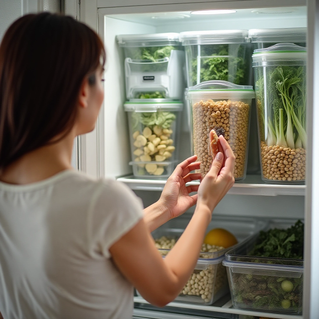 Mulher armazenando legumes e verduras frescos em recipientes reutilizáveis na geladeira.