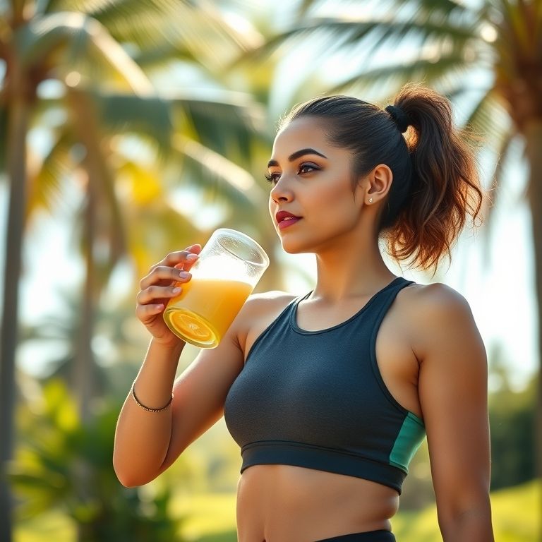 Mulher bebendo chá de gengibre com limão após o treino.