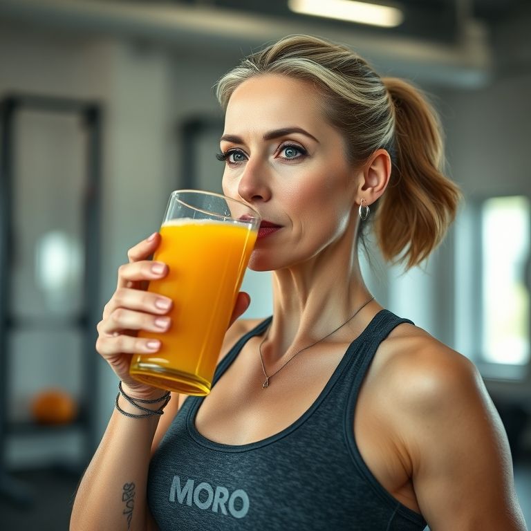 Mulher bebendo suco de Laranja Moro antes do treino.