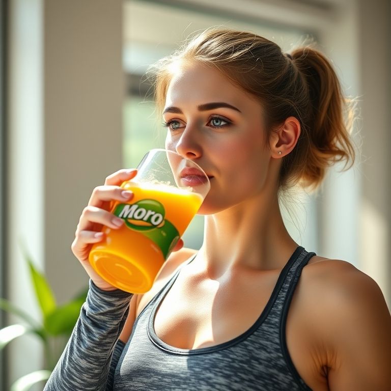 Mulher bebendo suco de Laranja Moro em jejum pela manhã.