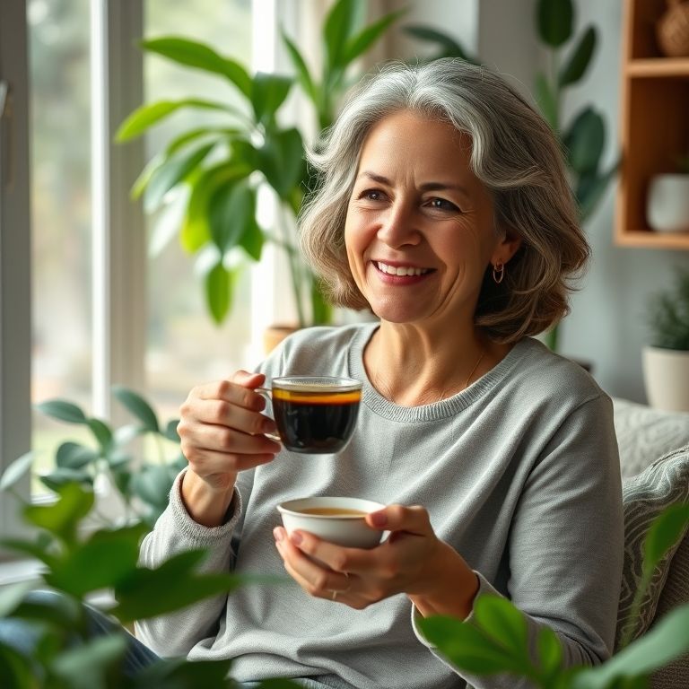 Mulher brasileira apreciando chá Pu-erh em casa.