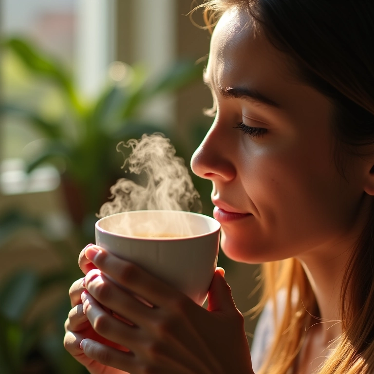 Mulher brasileira apreciando uma xícara de chá de alcaçuz em casa.