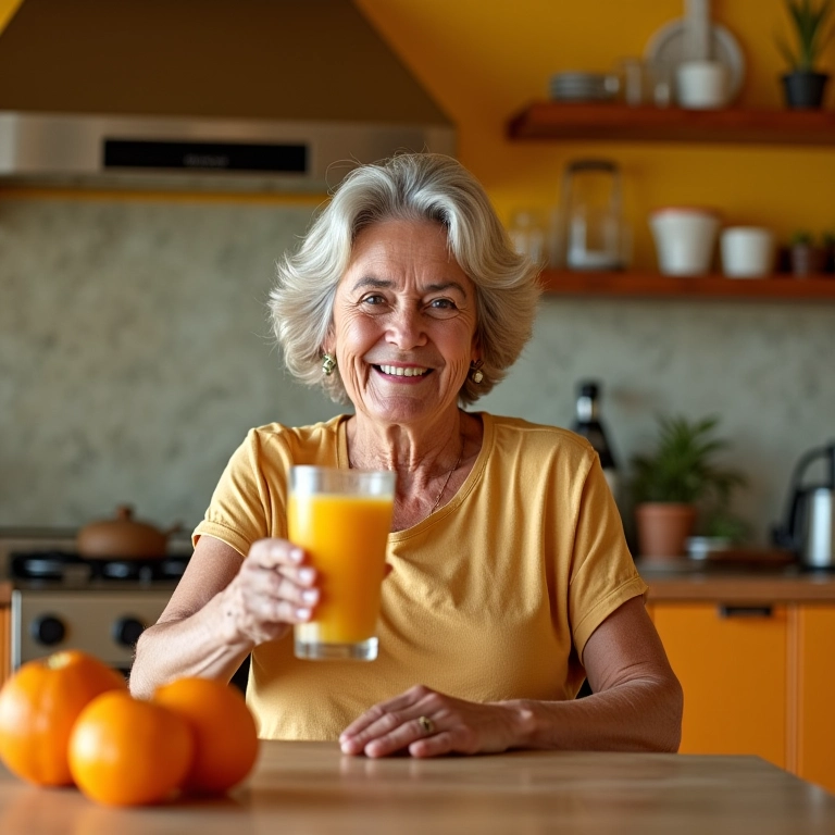 Mulher brasileira bebendo suco de laranja para melhorar a digestão.