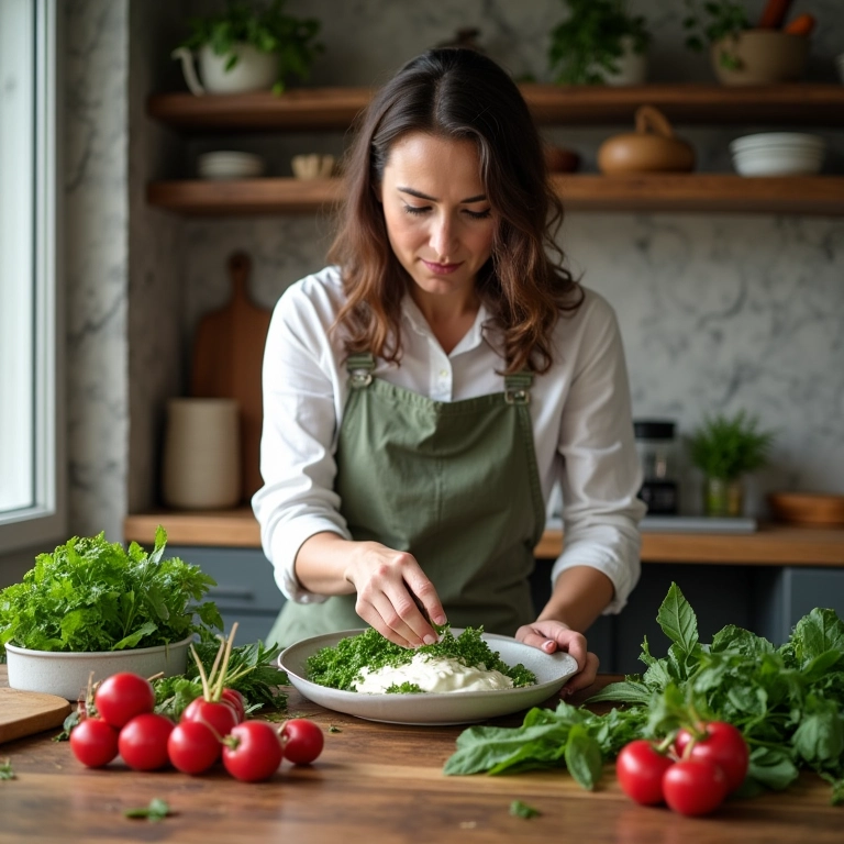 Mulher brasileira preparando salada de rabanete com iogurte e hortelã.