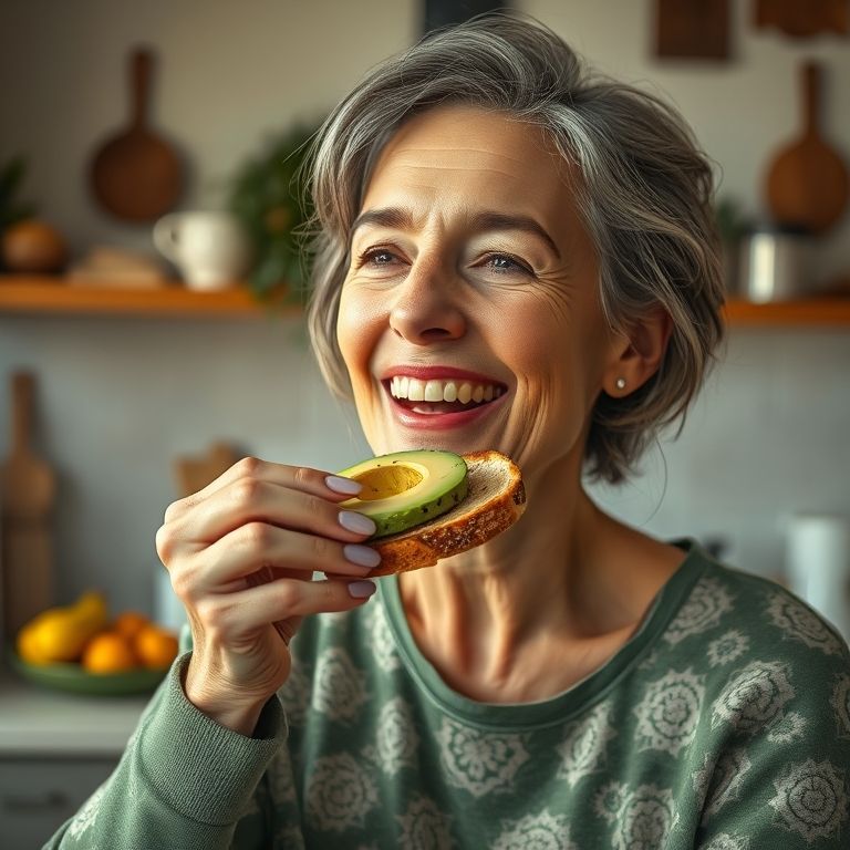 Mulher brasileira sorrindo enquanto come torrada de abacate em cozinha colorida.