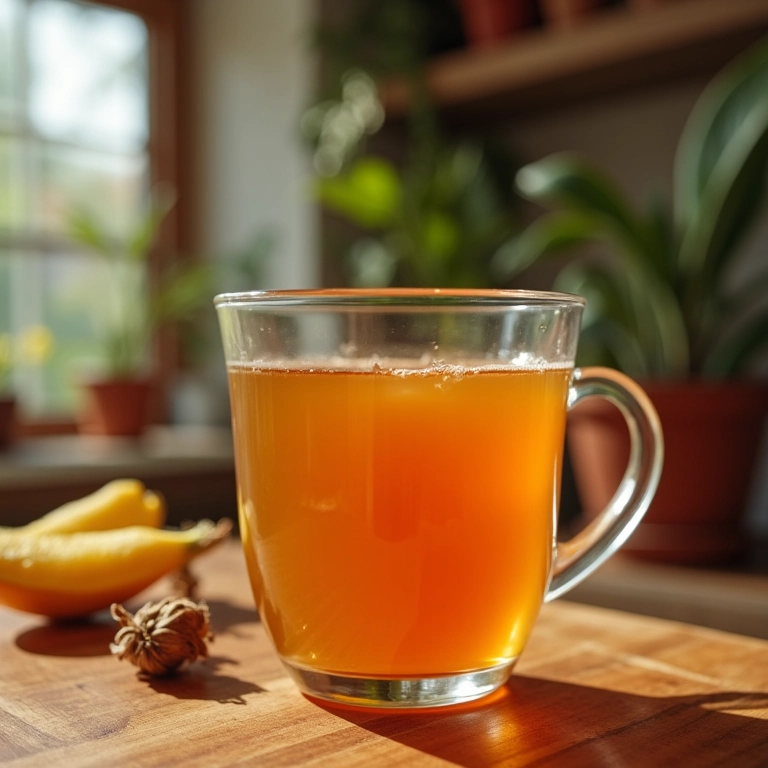 Mulher brasileira sorrindo enquanto toma chá de tamarindo, com a decoração vibrante ao fundo.