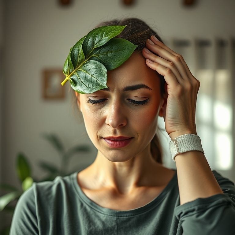 Mulher com dor de cabeça segurando folhas de Anador.
