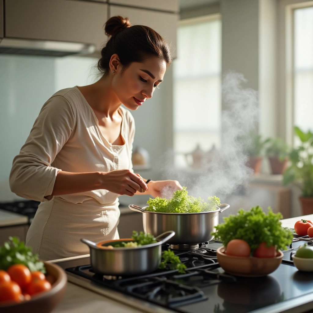 Mulher cozinhando legumes no vapor em uma panela.
