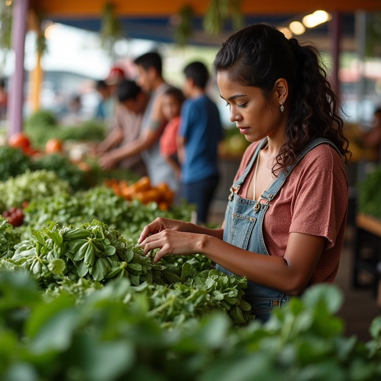 Mulher escolhendo jilós frescos em um mercado brasileiro.