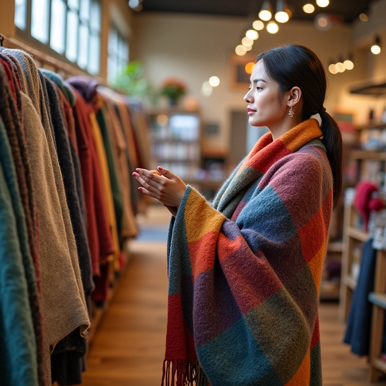 Mulher escolhendo manta colorida em loja de decoração.