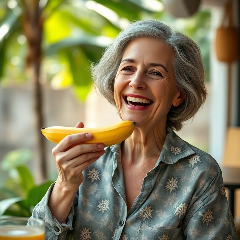 Mulher feliz comendo banana no café da manhã.