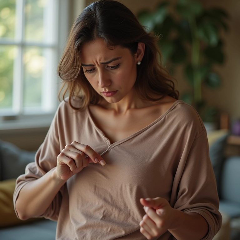 Mulher frustrada olhando para mancha de cloro.