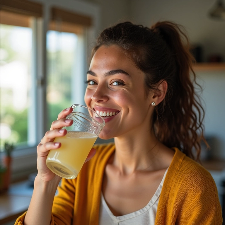 Mulher jovem bebendo água de chia em cozinha iluminada.