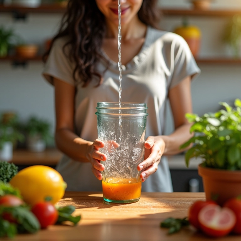 Mulher lavando copo de vidro do liquidificador em cozinha brasileira moderna.
